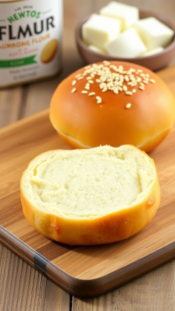 Two keto hamburger buns on a cutting board, sliced in half, with sesame seeds on top and ingredients in the background.